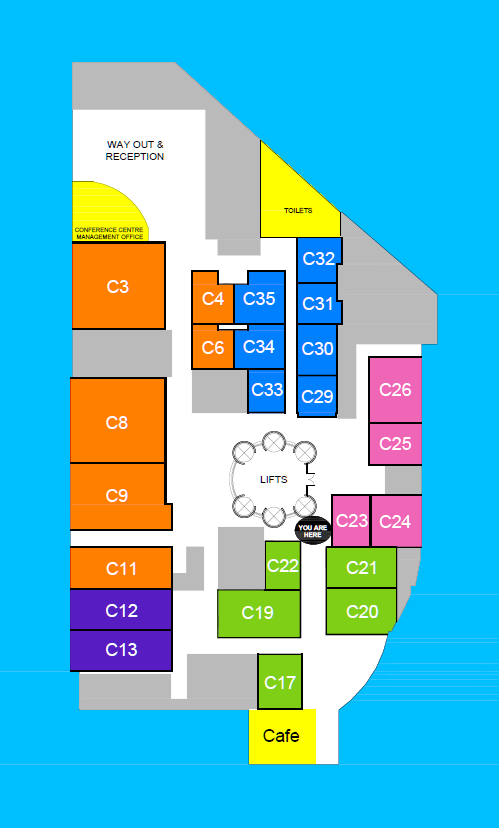 The venue layout for the conference centre. If you are unable to view this image due for any reason, please speak to a volunteer at the venue.